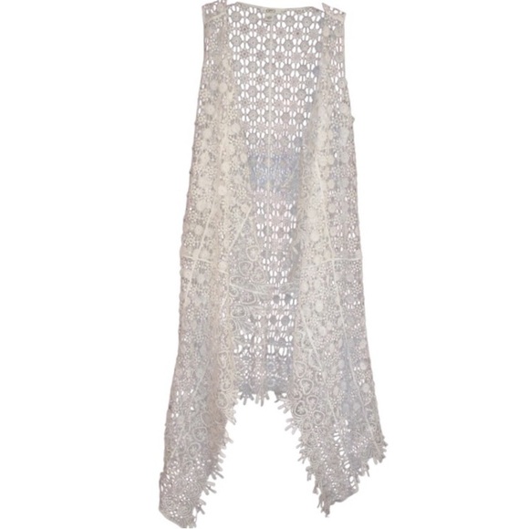 Cato Boho Crochet Long Vest w/Floral Pattern Sleeveless Lace Cardigan SZ M WHT - Picture 1 of 8